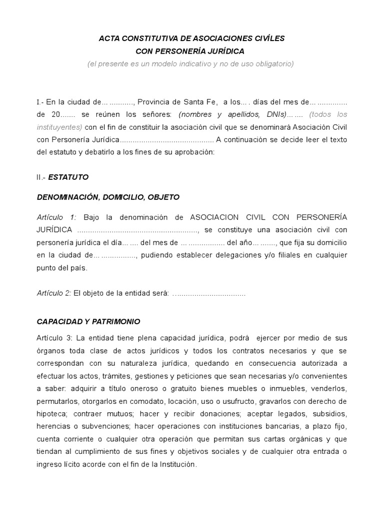 MODELO - Acta Constitutiva - Asociación Civil Con Personería Jurídica | PDF  | Comisión Europea | Votación