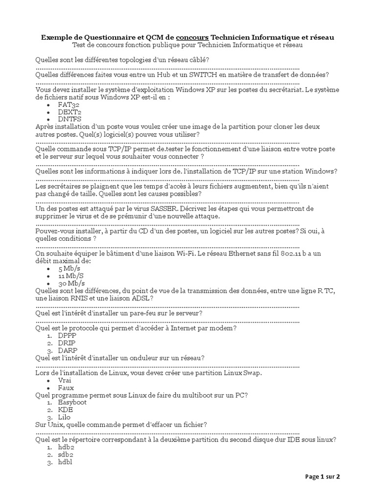 Exemple de Questionnaire Et QCM de Concours Technicien Informatique Et