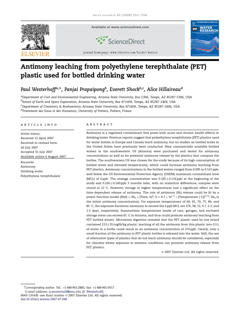 Antimony Leaching From Polyethylene Terephthalate (PET) Plastic Used