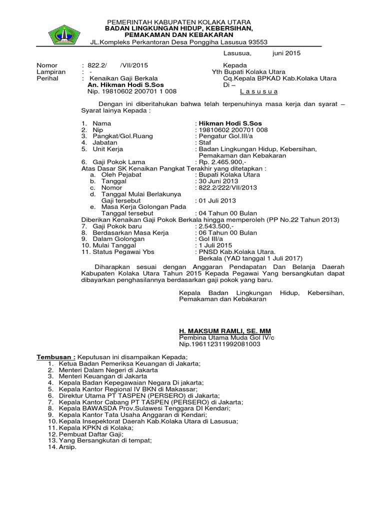 Format Kenaikan Gaji Berkala 3 Nomor Induk Pegawai.