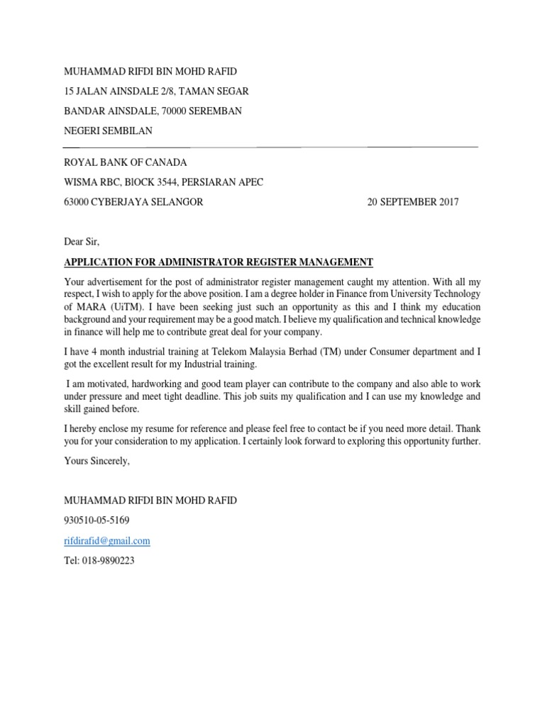 Cover Letter RBC | PDF | Economies | Business