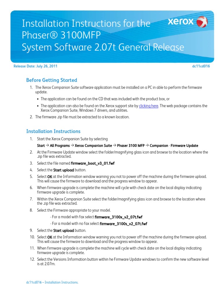 Installation Instructions For The Phaser® 3100MFP System Software 2.07t ...