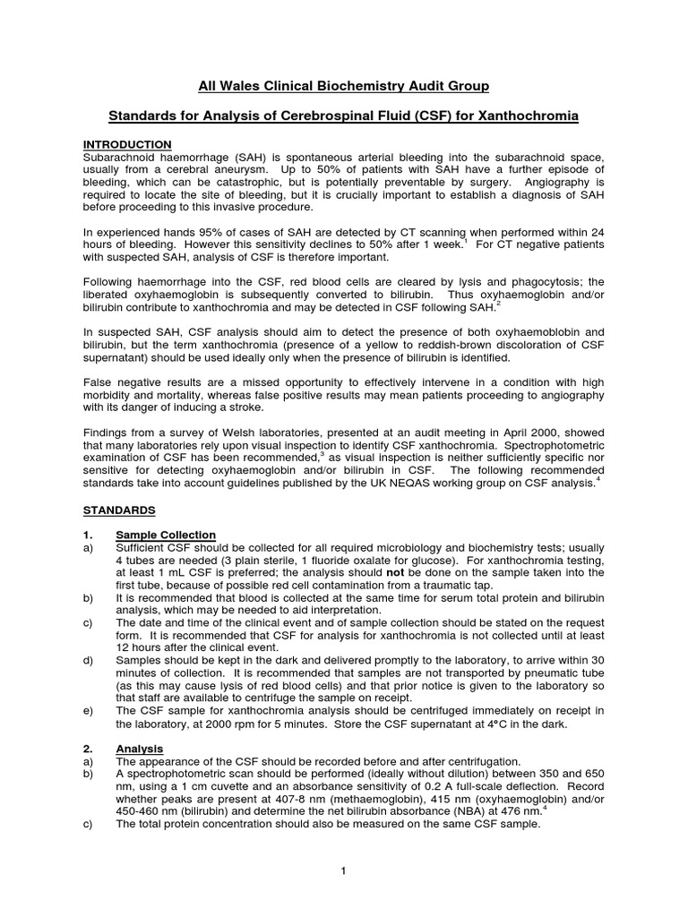 CSF Xanthochromia Analysis Standards | PDF | Cerebrospinal Fluid ...