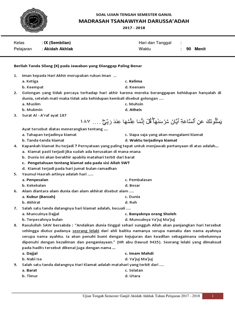 Soal Aqidah Akhlak Kelas 9 Semester 1 Dan Kunci Jawaban