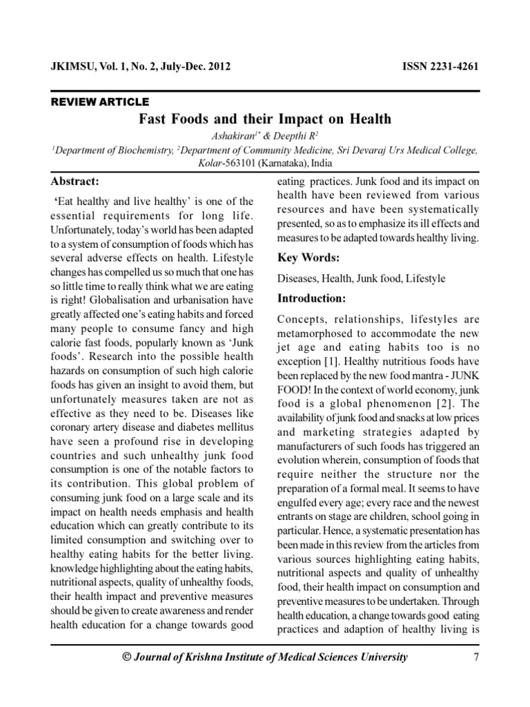 Fast Food Impact Health PDF | PDF | Junk Food | Healthy Diet