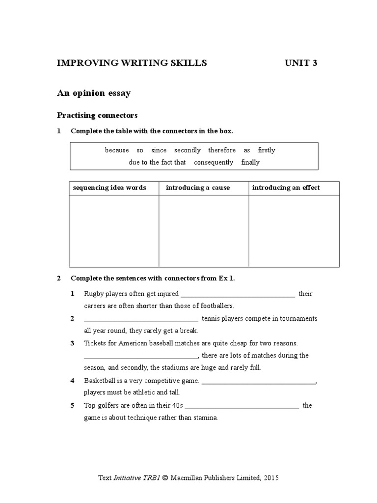 Improving Writing Skills Unit 3 An Opinion Essay Practising Connectors