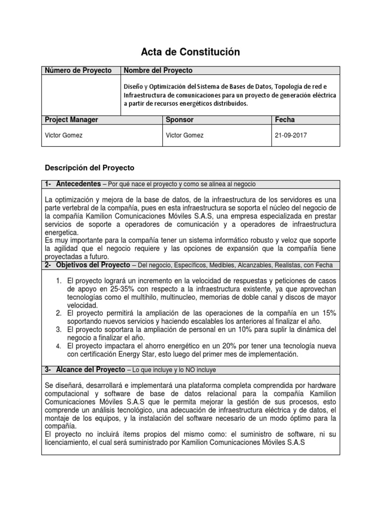 Acta de Constitucion Del Proyecto 1 | PDF | Planificación de recursos ...