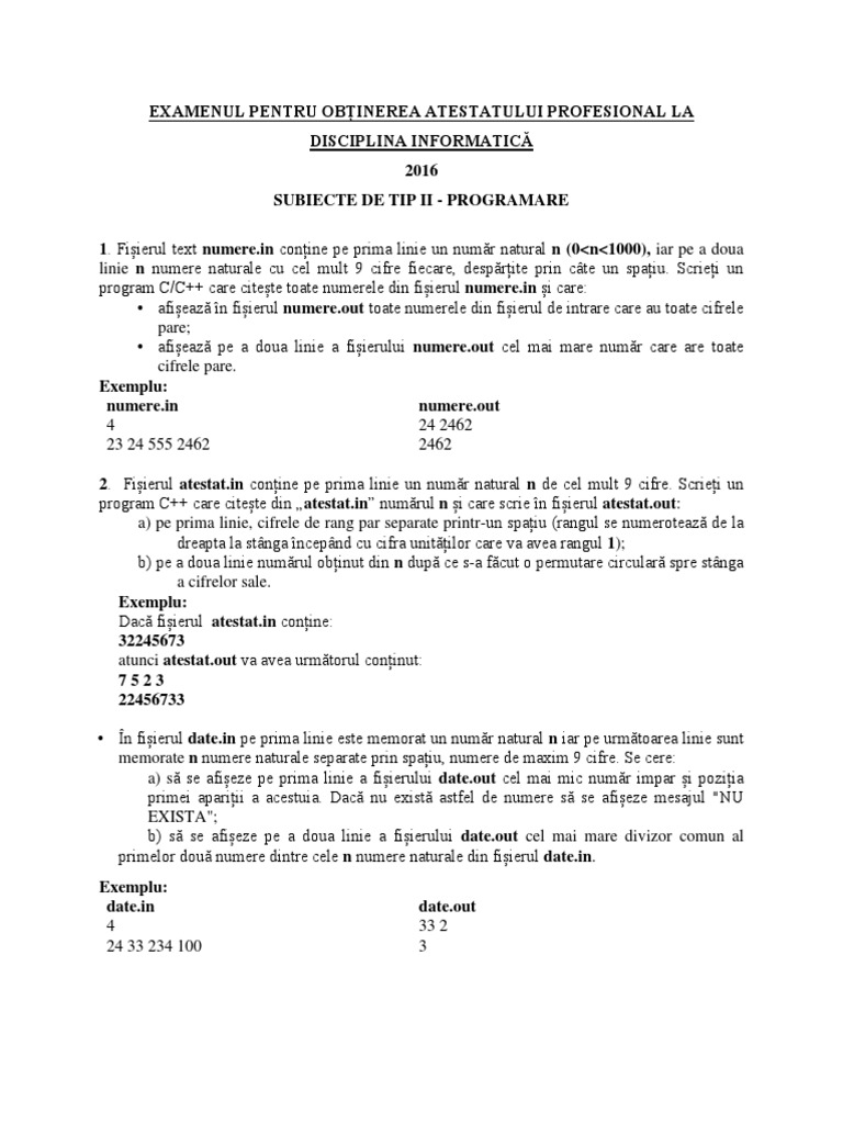 Atestat 2016 Subiecte Programare | PDF