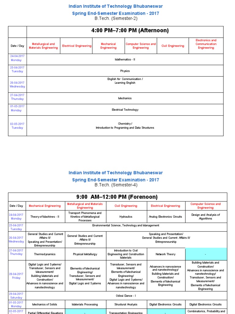 IIT Bhubaneswar Spring 2017 Exam Schedule | PDF | Engineering ...