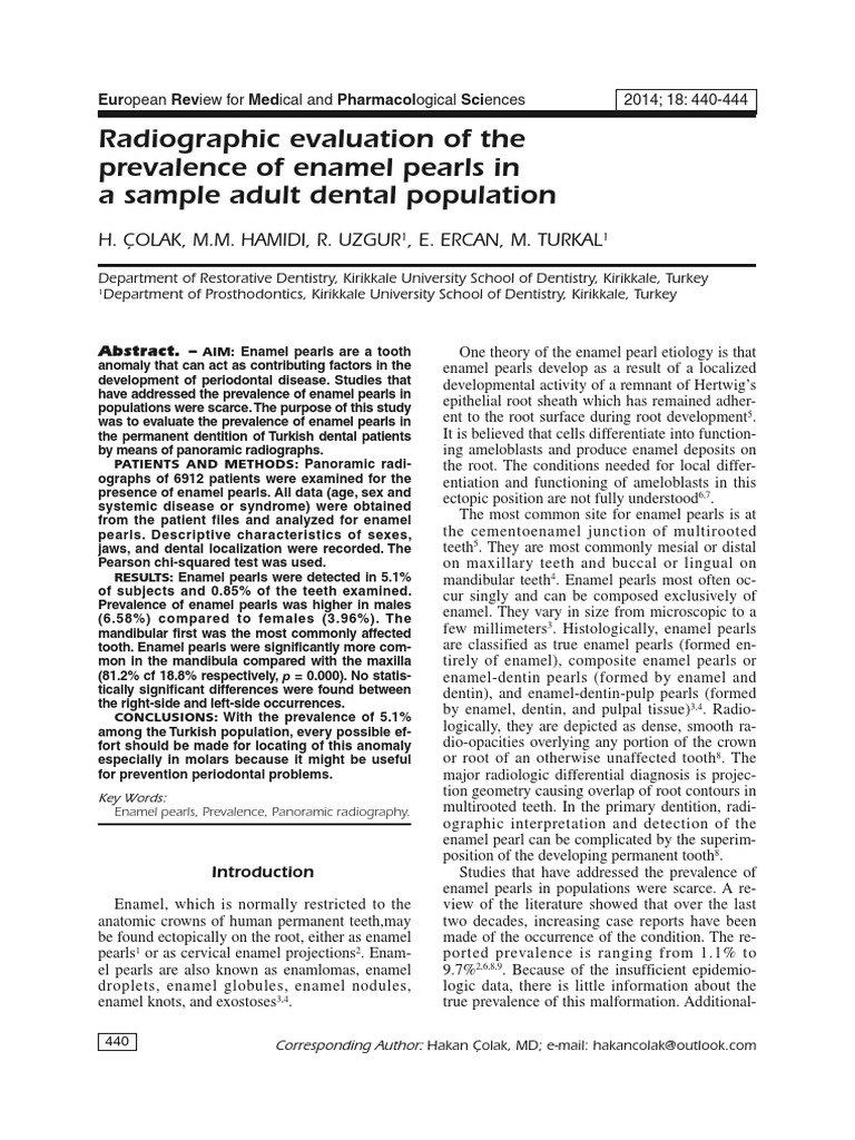 Prevalence of Enamel Pearls in Turkey | PDF | Tooth Enamel | Tooth