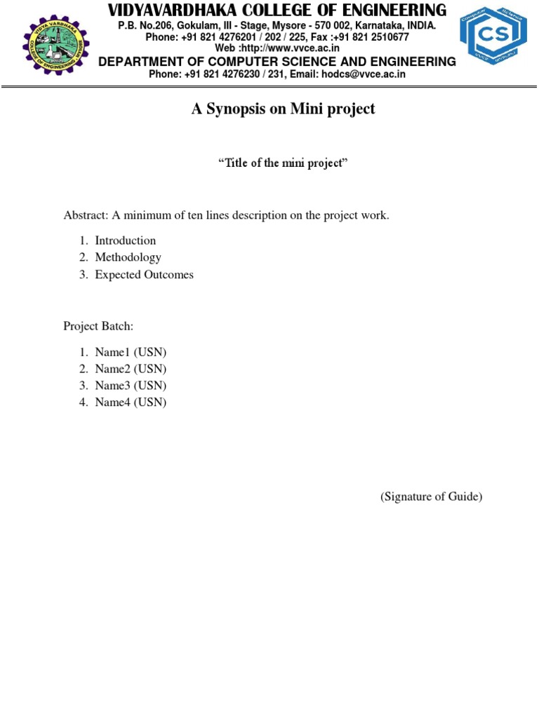 A Synopsis On Mini Project: Department of Computer Science and ...