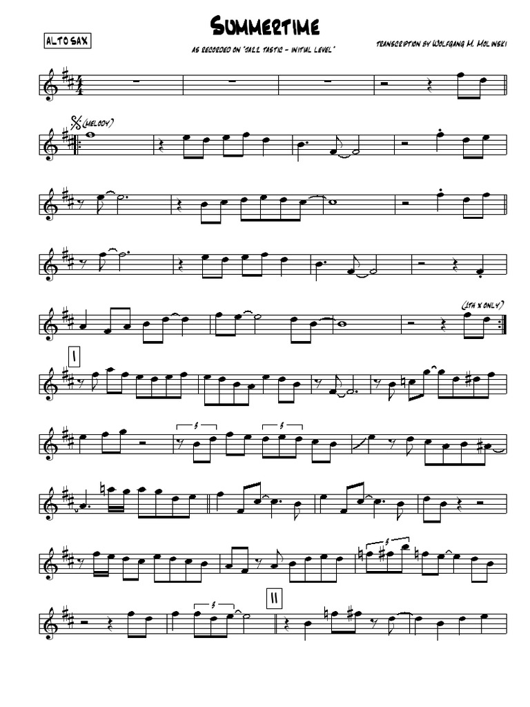 Jazz Tastic Series - Summertime - Initial Level Alto Sax PDF | PDF ...