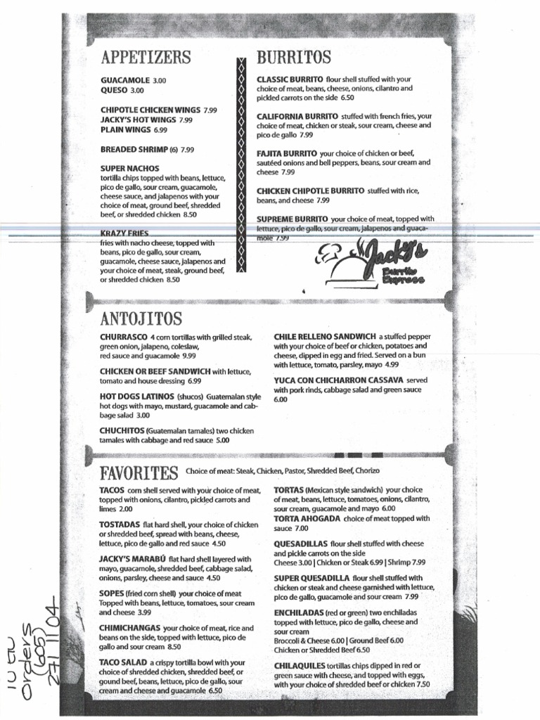 Jacky's Burrito Express Menu PDF Restaurants Gastronomy