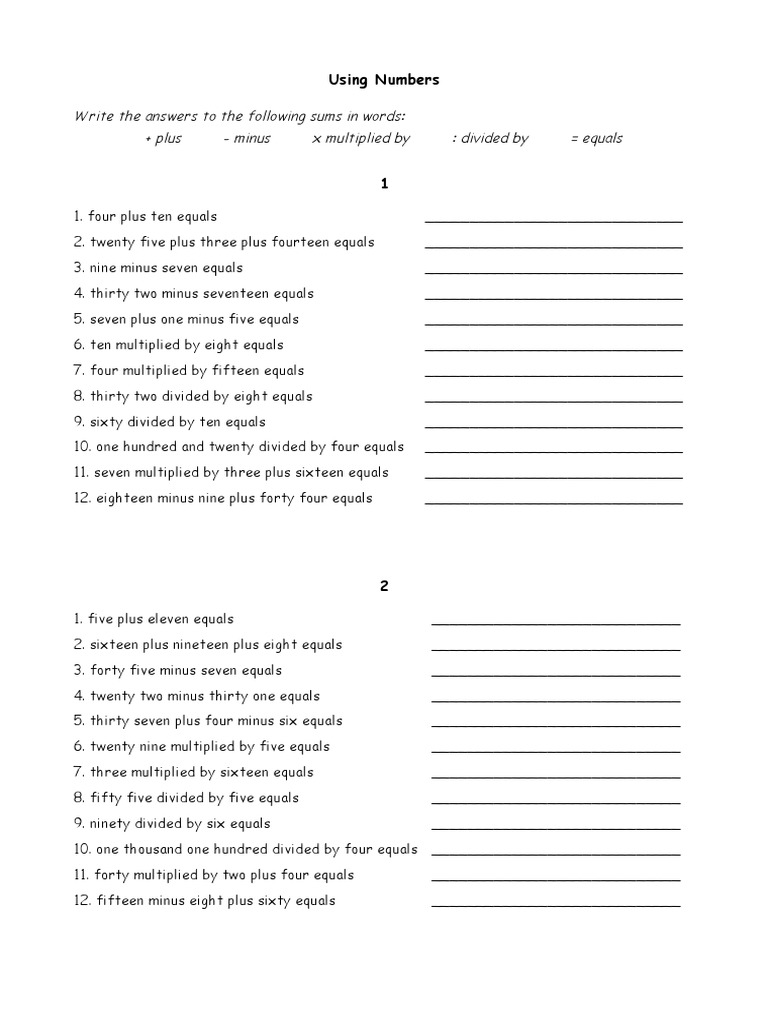 Write The Answers To The Following Sums in Words: + Plus - Minus X ...