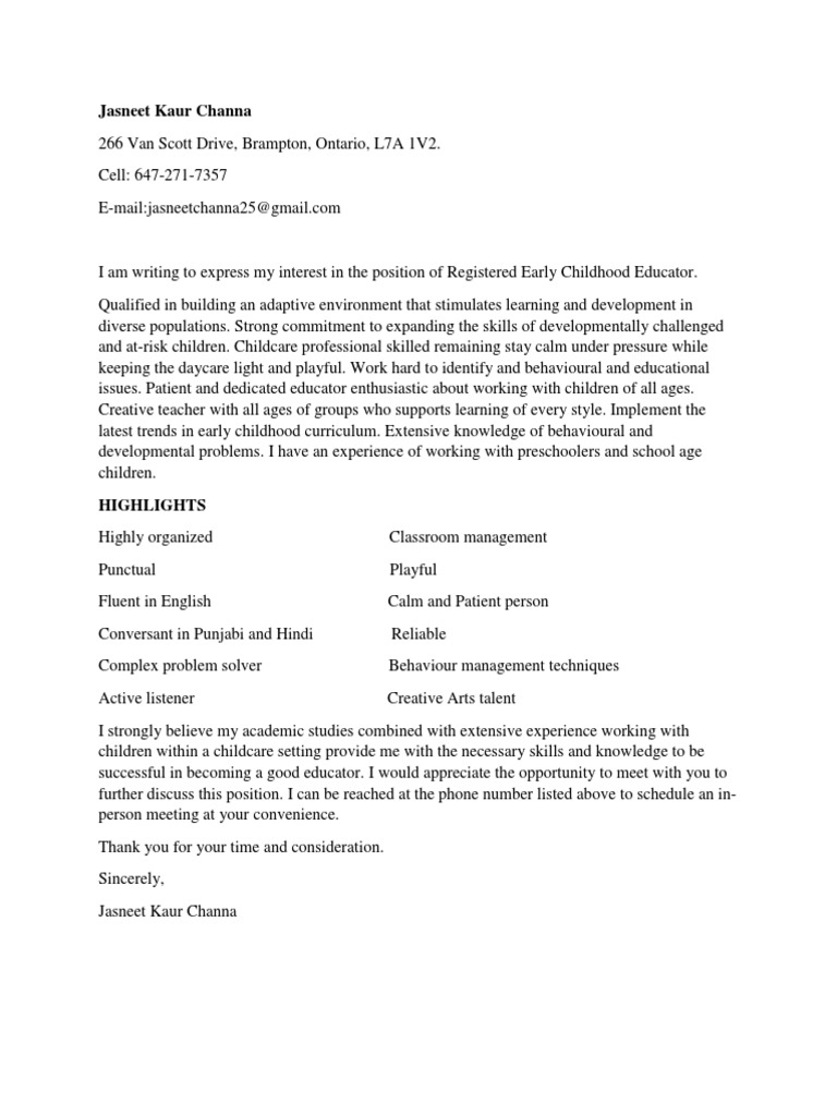 Cover Letter and Resume | PDF | Early Childhood Education | Child Care