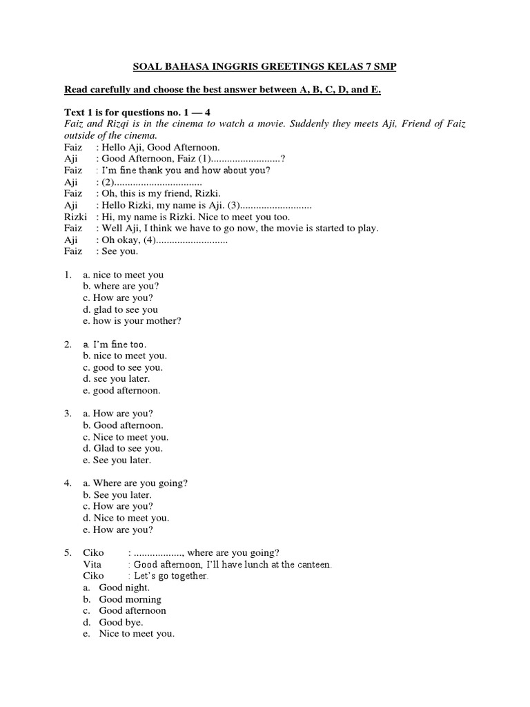 Soal Greeting And Parting Kelas 7 Smp Leisure