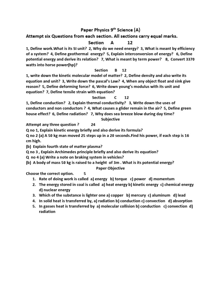 Physics Exam Questions: Work, Energy, and Matter | PDF | Science ...
