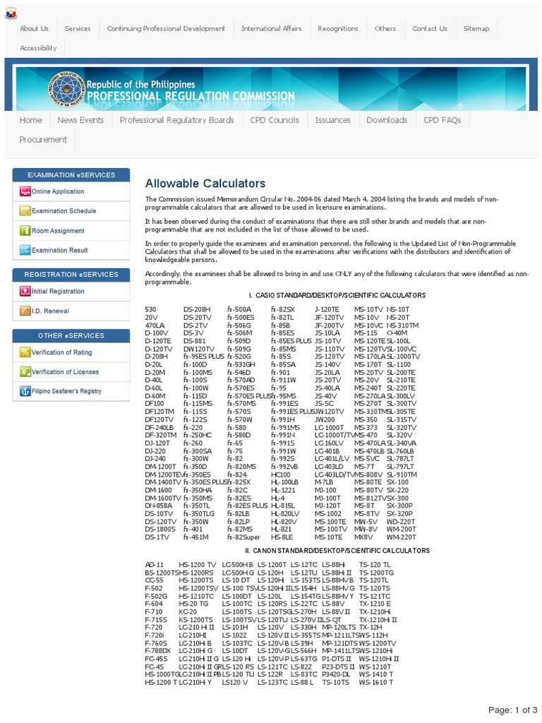 PRC Allowable Calculators PDF Licensure President Of The Philippines