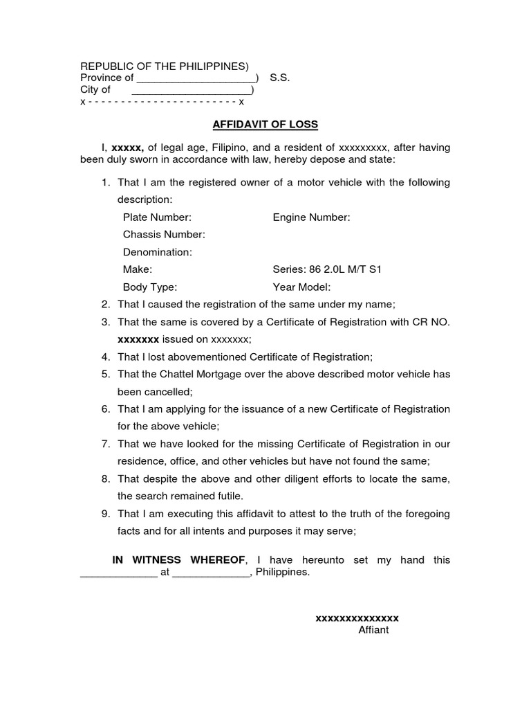 Affidavit of Loss for Vehicle Registration | PDF
