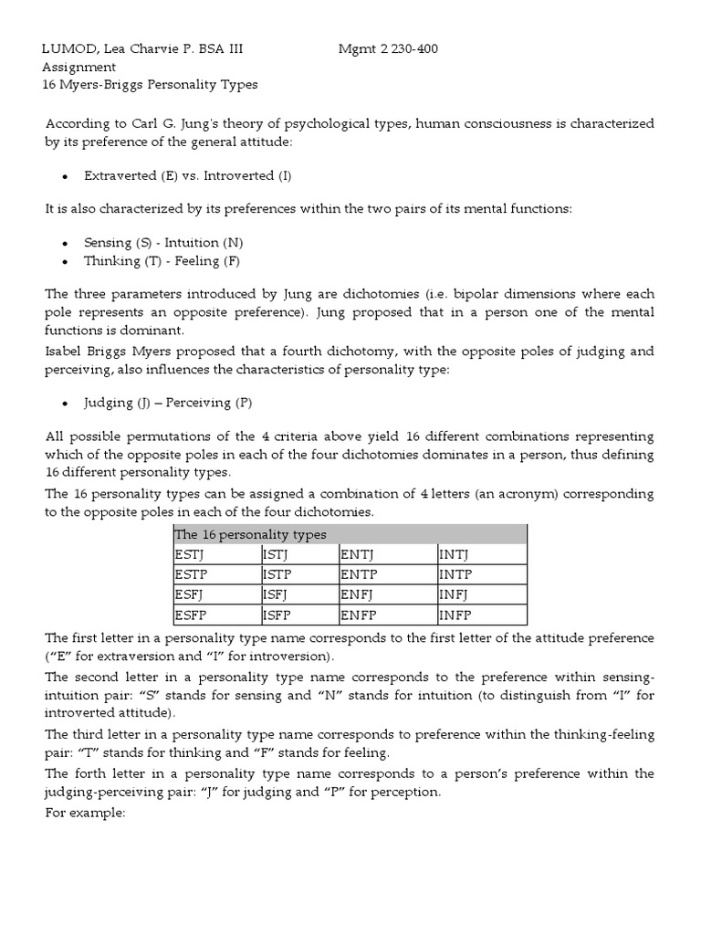 16 Personality Types Pdf Personality Type Extraversion And