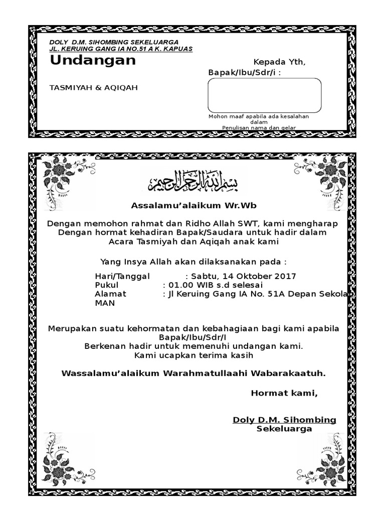 Undangan Aqiqah Dan Sunatan | PDF