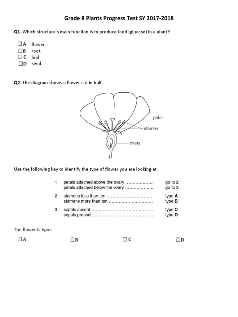 Grade 8 Plants Progress Test SY 2017 With Answers Flowers Seed