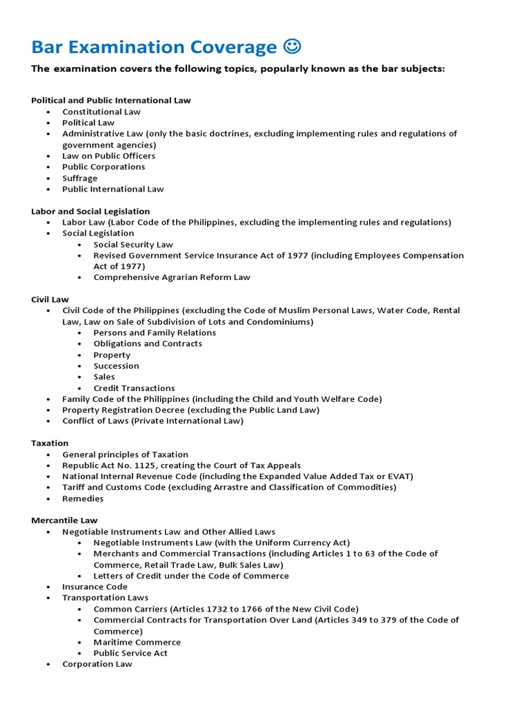Bar Examination Coverage The Examination Covers The Following Topics