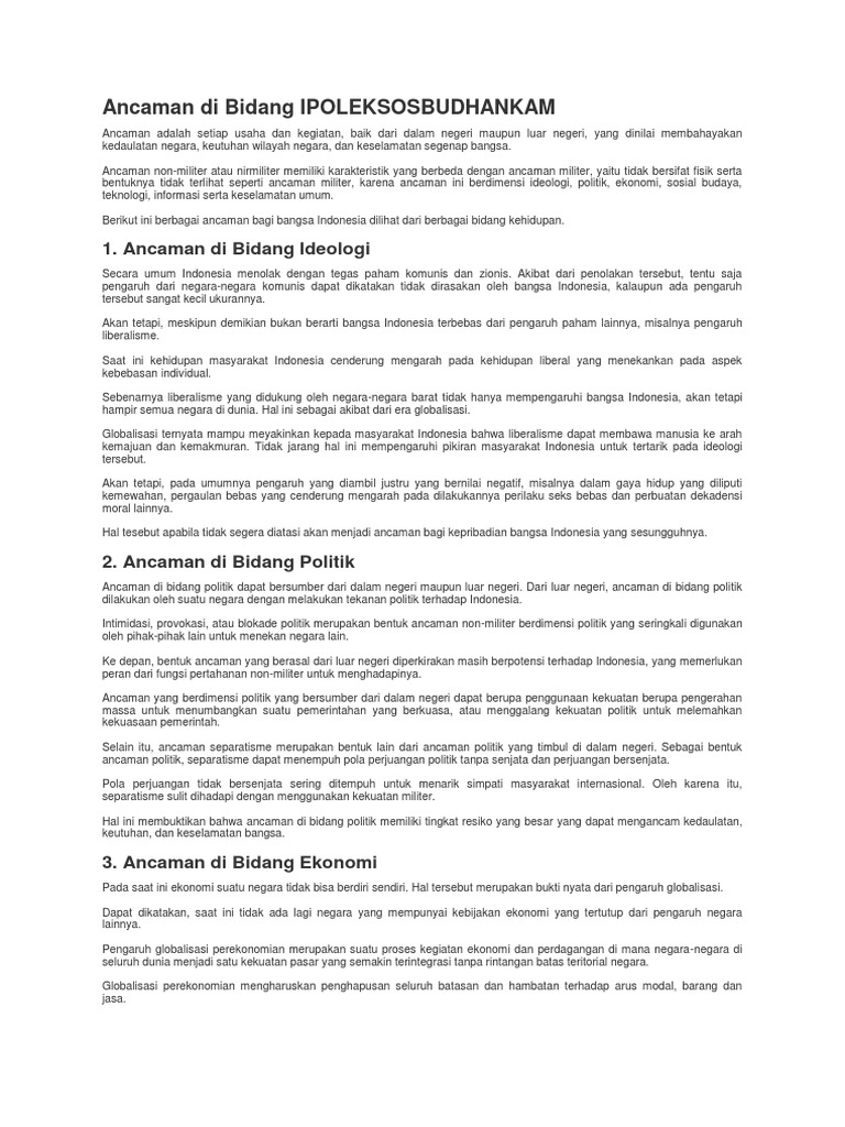 Ancaman Di Bidang Ipoleksosbudhankam