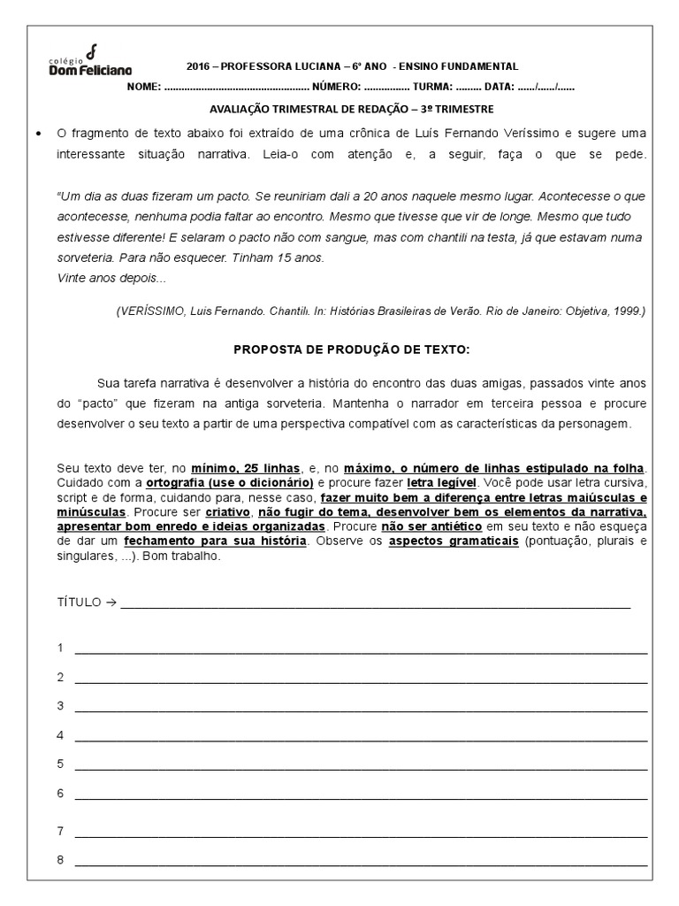 AVALIAÇÃO REDAÇÃO 6 Ano 3 Trimestre Final | PDF | Narração | Lazer