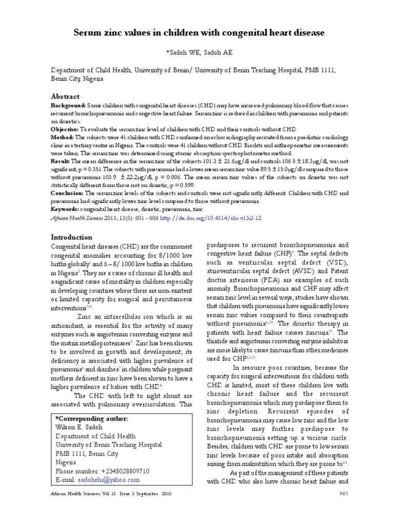 Serum Zinc Levels in Children with Congenital Heart Disease The Impact