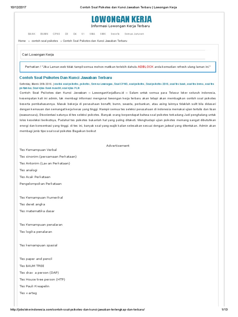 Contoh Soal Psikotes Dan Kunci  Jawaban Terbaru  Lowongan 