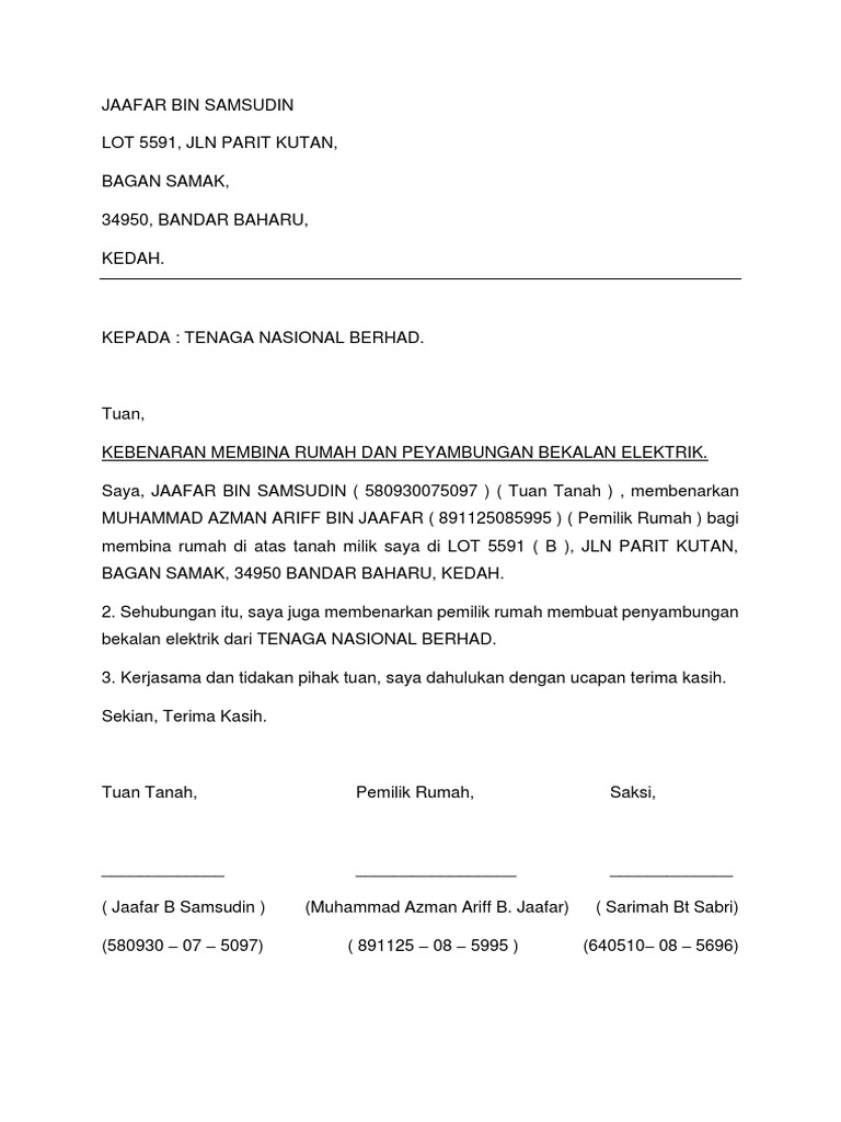 Contoh Surat Kebenaran Pemilik Premis
