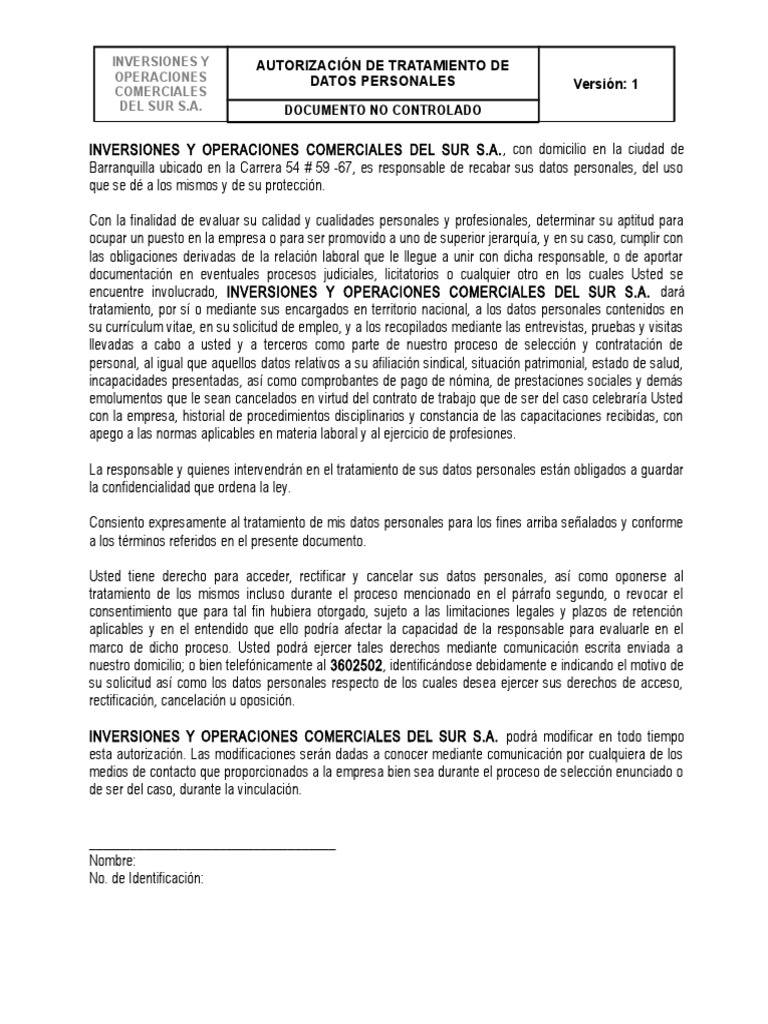 Autorización Para El Manejo de Datos Personales V1 Labour Law
