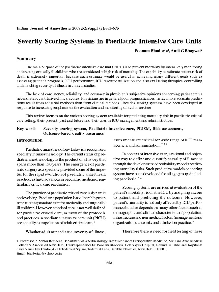 PRISM Score Intensive Care Medicine Intensive Care Unit