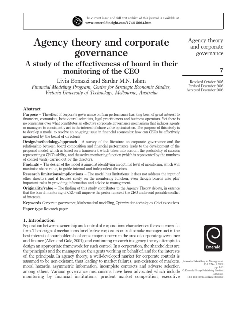 Agency Theory and Corporate Governance | PDF | Board Of Directors ...