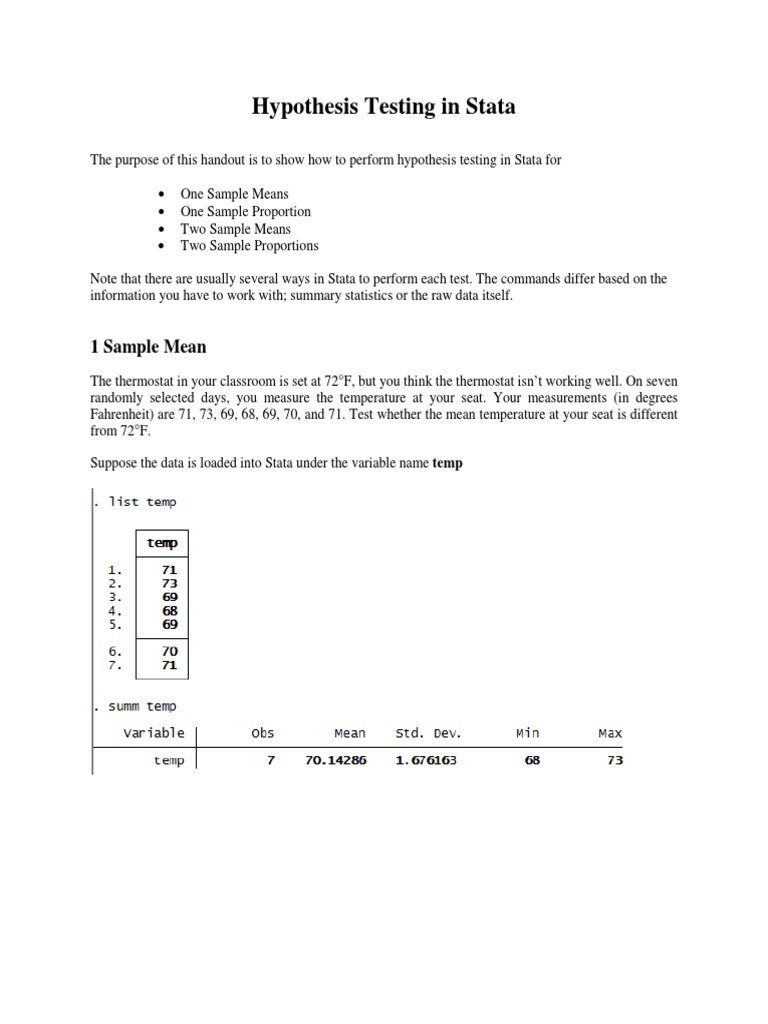Hypothesis Testing Methods in Stata | PDF | Student's T Test ...