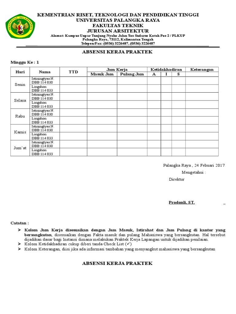 Absensi Praktek Lapangan 2012 Doc