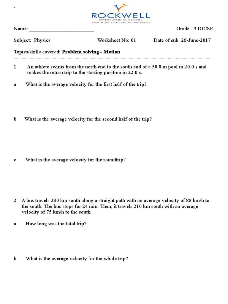 Kinematics Problems Worksheet | PDF