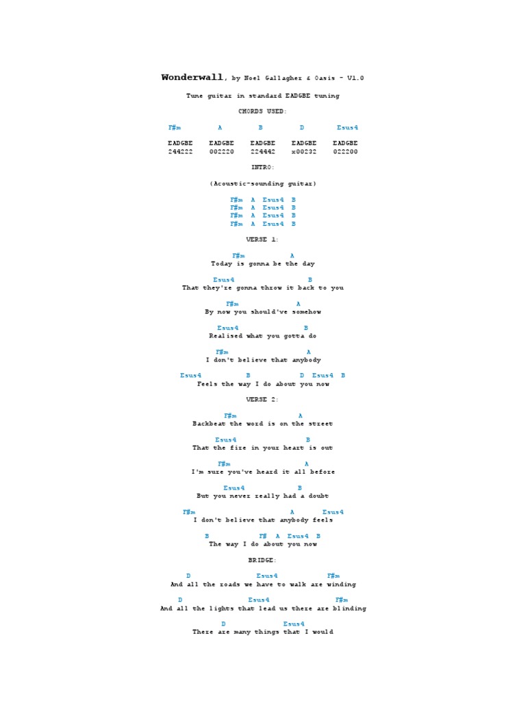 Wonderwall: F#M A B D Esus4 | PDF | Song Structure | Popular Music