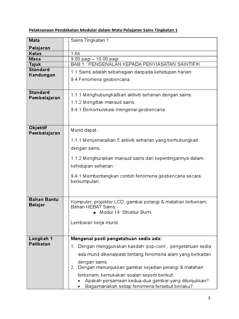 Contoh Rph Modular Sains Ting 1 Bm Pdf