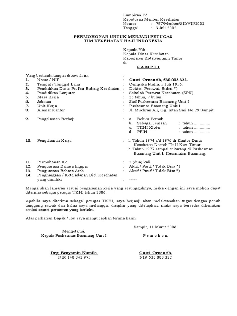 Contoh Surat Permohonan Menjadi Petugas Haji