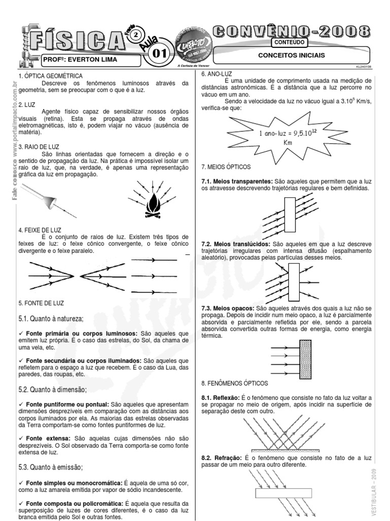 Exercícios de Óptica para 9º Ano | PDF | Reflexão (Física) | Luz