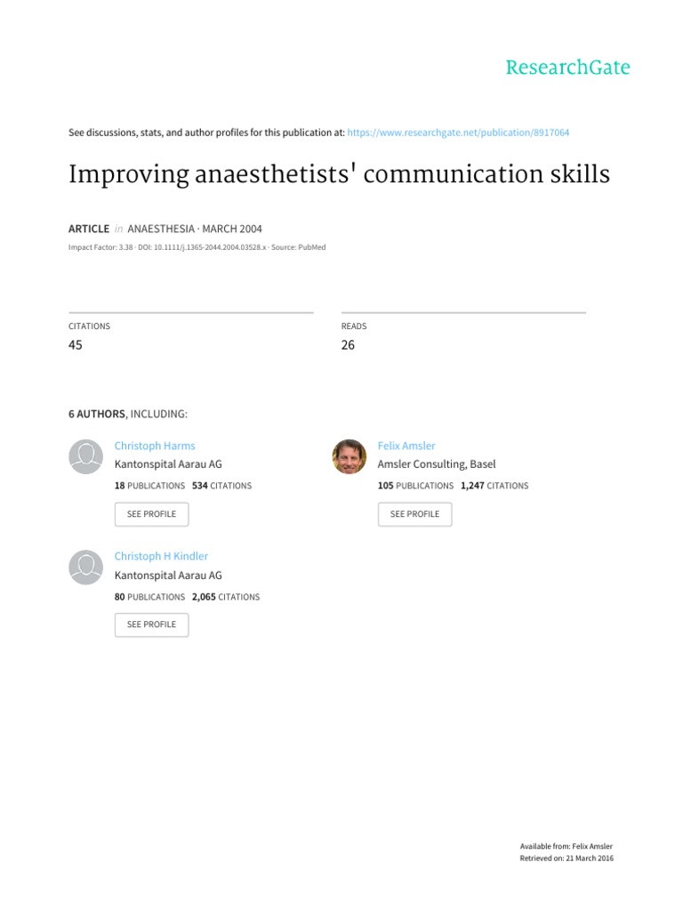 Improving Anaesthetists' Communication Skills: Anaesthesia March 2004 ...