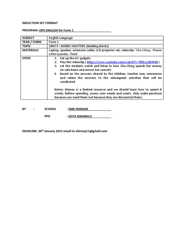 Induction Set Format Program OpsEnglish For Form 1 Subject Year / Form Topic Materials Steps PDF