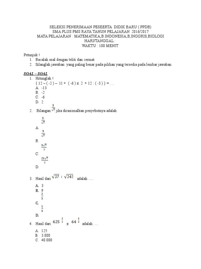 Soal Ppdb Sma Plus Pms Terrahasia