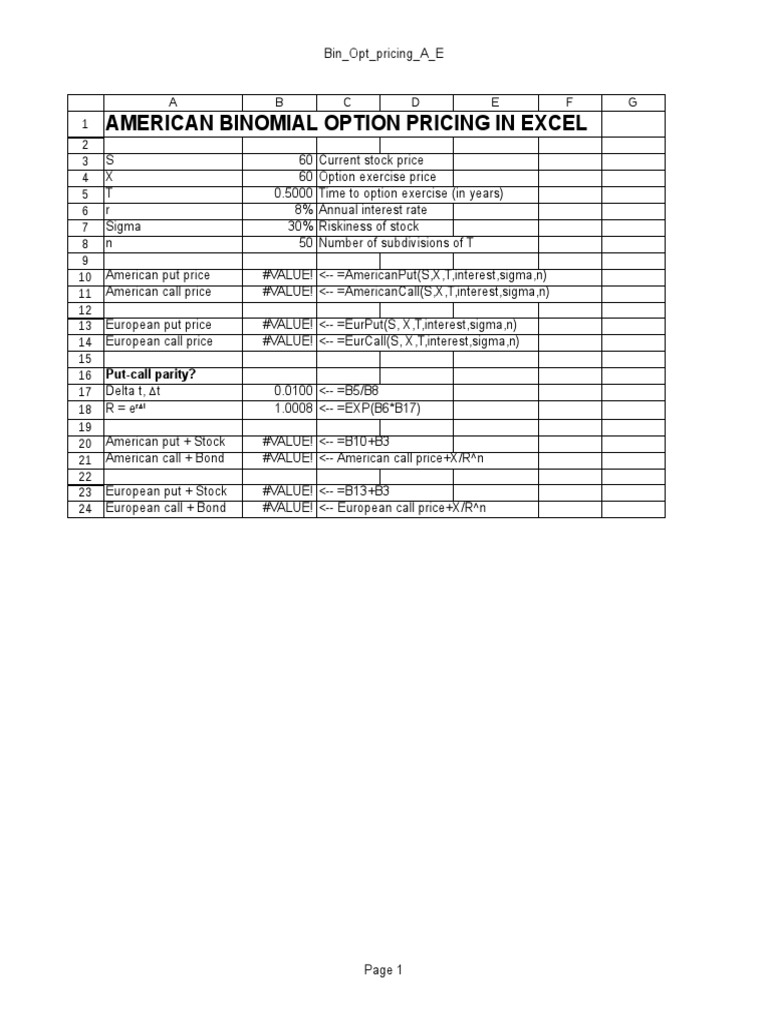American Binomial Option Pricing in Excel | PDF | Black–Scholes Model ...