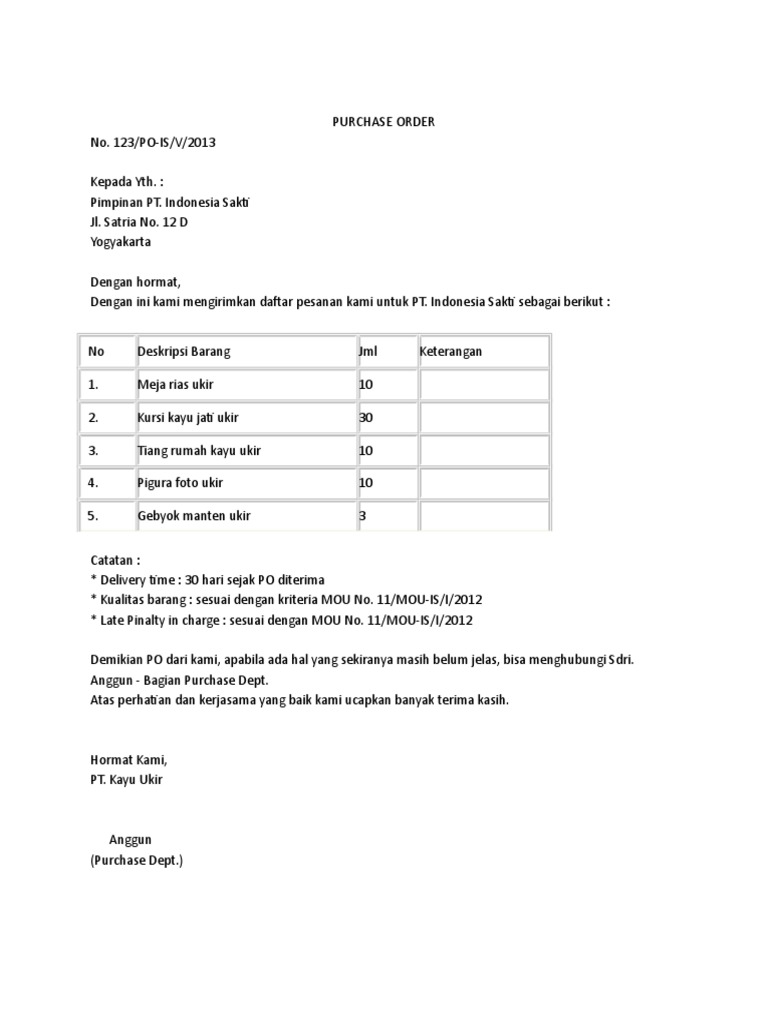Contoh Surat Pemesanan Barang Atau Purchase Order 160428040759 | PDF