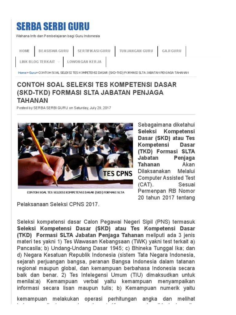 Contoh Soal Seleksi Tes Kompetensi Dasar Skd Tkd Formasi Slta Jabatan Penjaga Tahanan Serba Serbi Guru