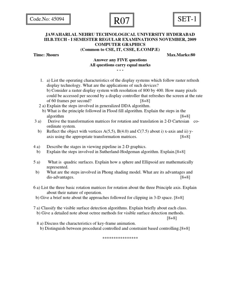 Computer Graphics JNTU Question paper 3 D Computer Graphics 2 D