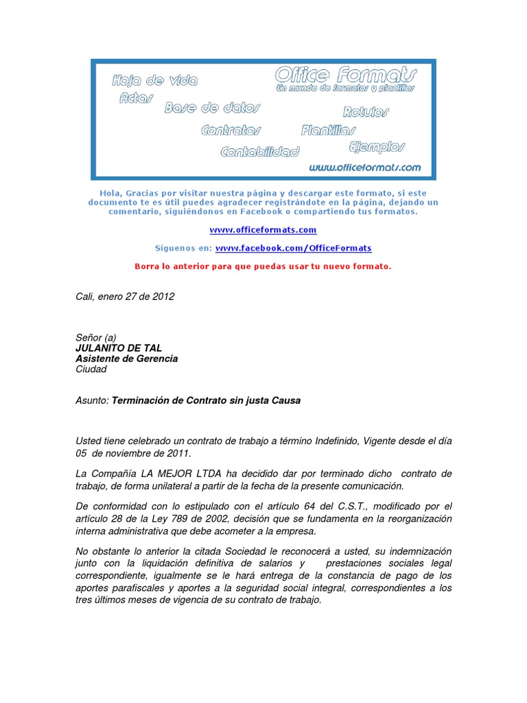 Formato Carta Terminación de Contrato de Trabajo a Termino